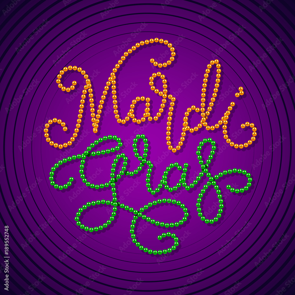 Mardi Gras lettering consist of gold, green beads on dark purple background