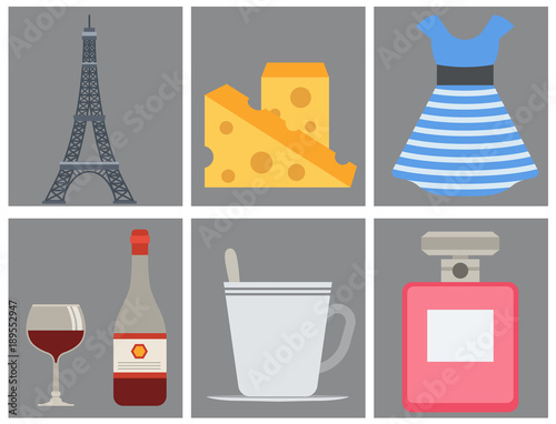 Paris icons vector famous travel cuisine traditional modern france culture europe eiffel fashion design architecture symbols illustration.