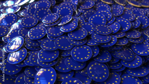 Pile of badges featuring flags of the European Union EU  3D rendering