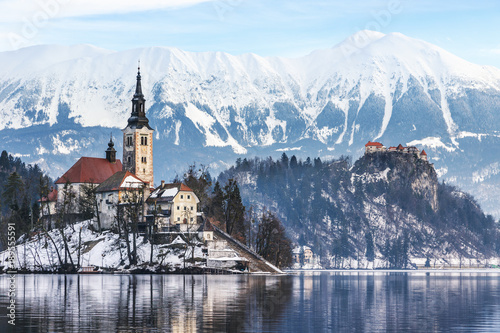 Winter landscape Bled Lake, Slovenia