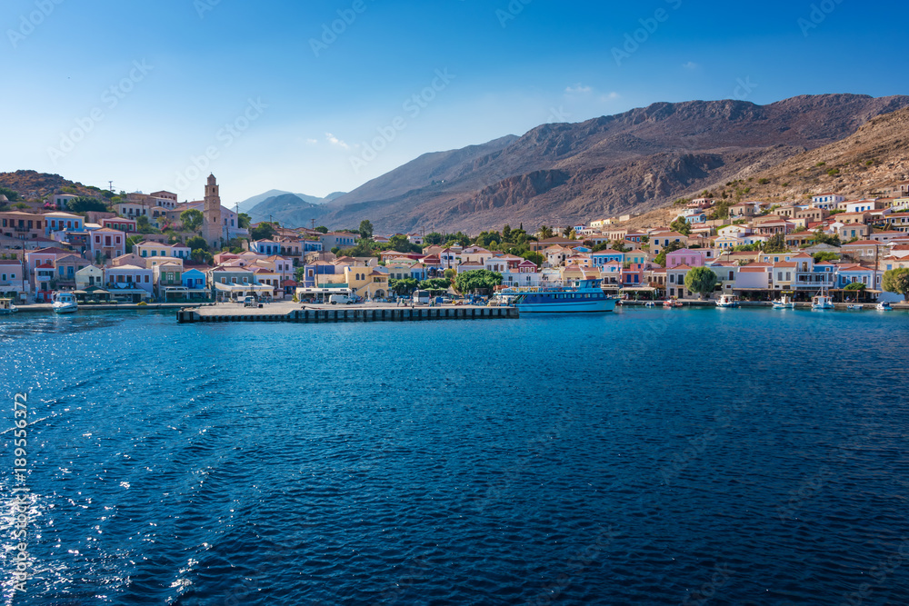 View of port of town Emporio (Nimborio)  - capital of island of Halki (GREECE)
