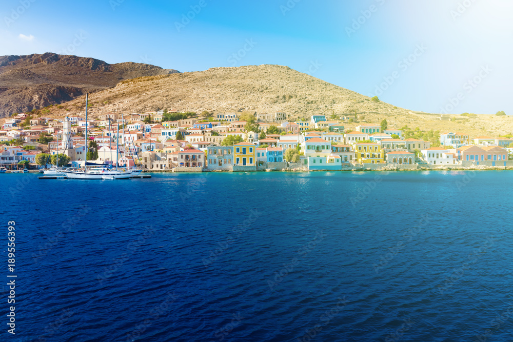View of port of town Emporio (Nimborio)  - capital of island of Halki (GREECE)