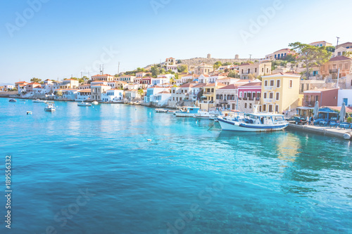 Boats in port of town Emporio (Nimborio) - capital of island of Halki (GREECE)