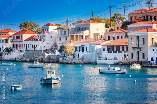 Boats in port of town Emporio  Nimborio   - capital of island of Halki  GREECE 