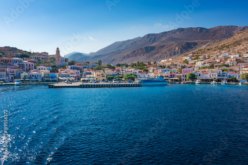 View of port of town Emporio (Nimborio) - capital of island of Halki (GREECE)