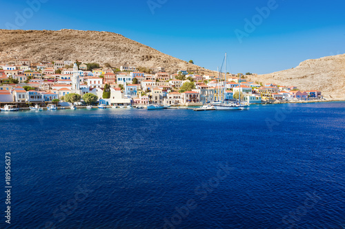 View of port of town Emporio (Nimborio) - capital of island of Halki (GREECE)