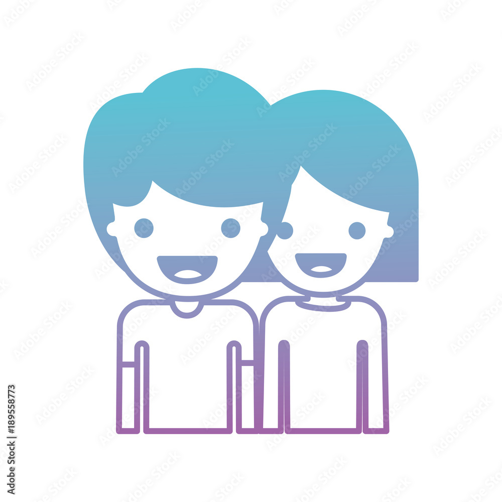 half body people with boy in t-shirt and short hair and girl in t-shirt long sleeve and short hair in degraded blue to purple color silhouette vector illustration half body people with boy in t-shirt and short hair and girl in t-shirt long sleeve and short hair in degraded blue to purple color silhouette vector illustration