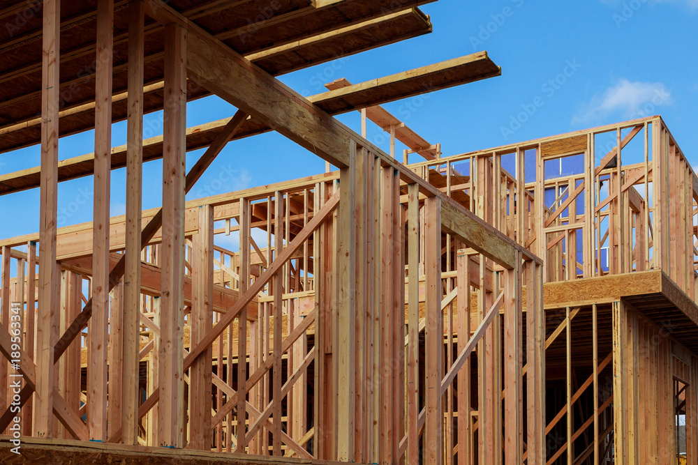 New residential construction home framing with roof view