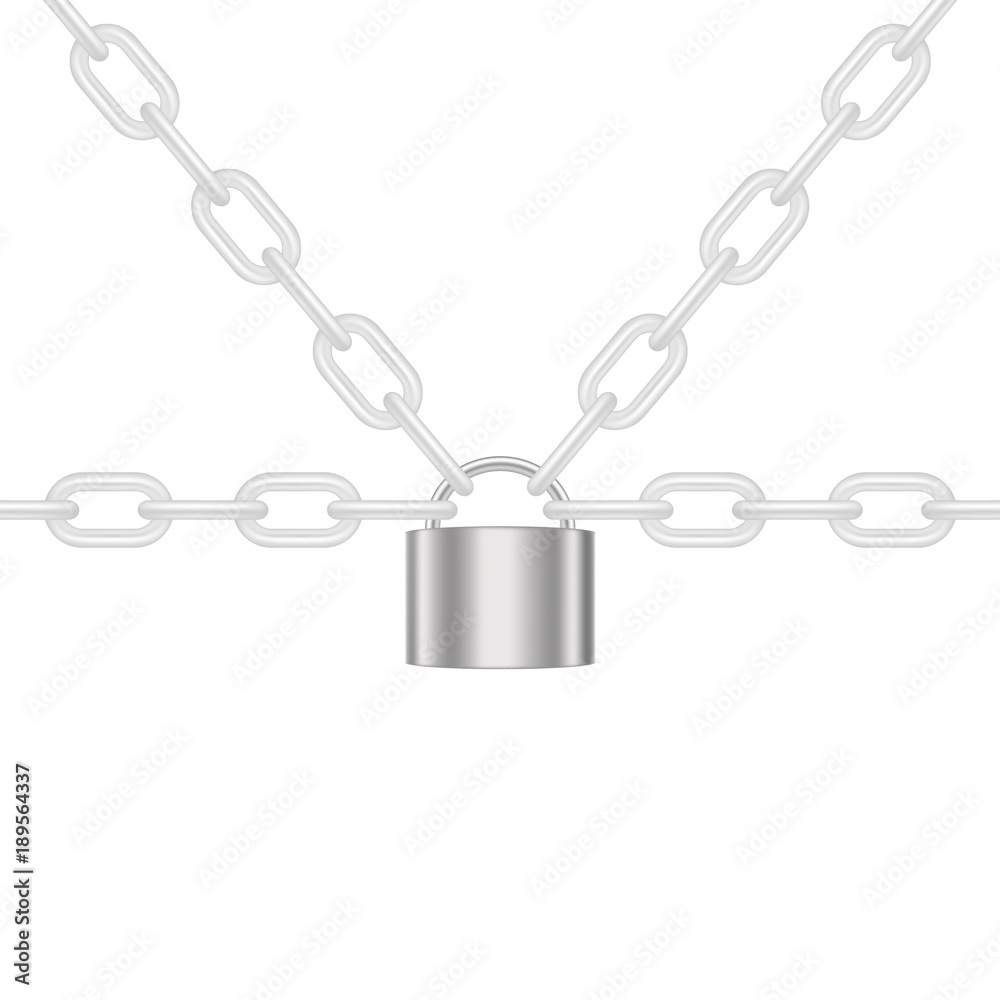 White chains locked by padlock in silver design White chains locked by padlock in silver design