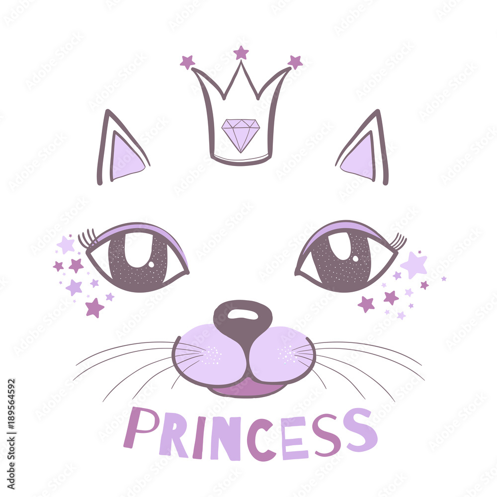 Vector Illustration of a cat, muzzle, mustache, ears, crown, eyes