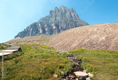 Clement Mountain as seen from Hidden Lake trail on Logan Pass in Glacier National Park during the 2017 fall fires in Montana United States