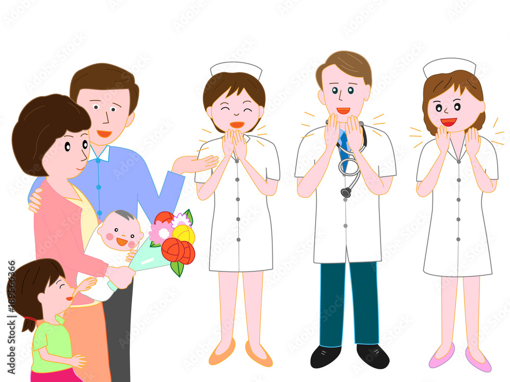 産婦人科の病院を赤ちゃんを産んだ母親が、退院するのを見送る医者と看護師