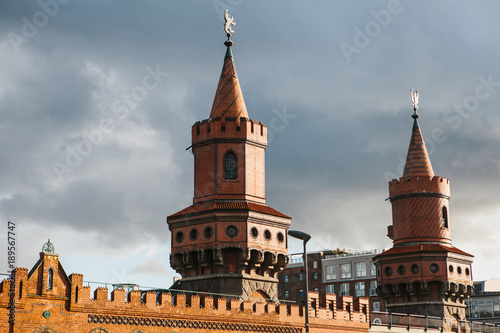 Towers of Oberbaum Bridge. This is a two-story bridge crossing the Berlin River Spree, considered one of the city landmarks in Berlin, Germany.