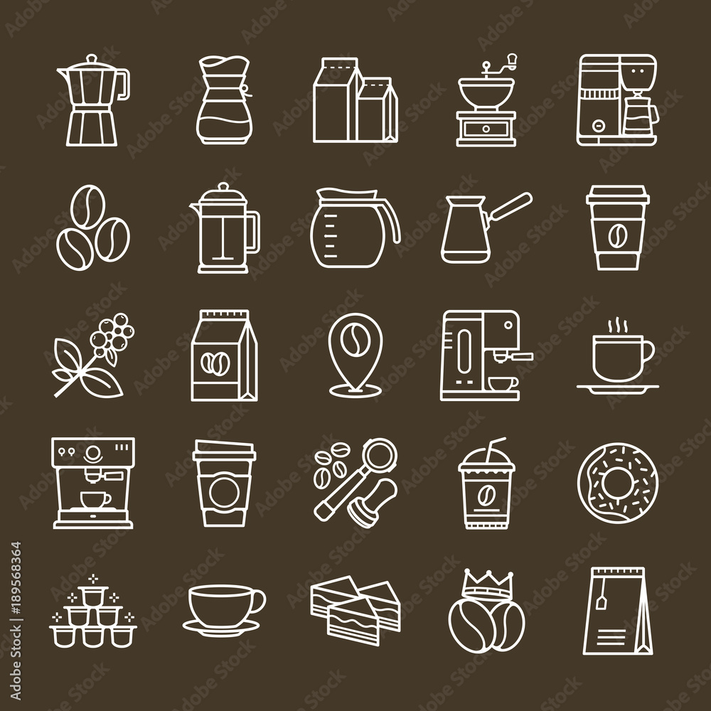 Simple set of Coffee related vector line icons. Collection coffee icons in thin line style on Brown background. Cafe vector icons. Vector illustration Simple set of Coffee related vector line icons. Collection coffee icons in thin line style on Brown background. Cafe vector icons. Vector illustration