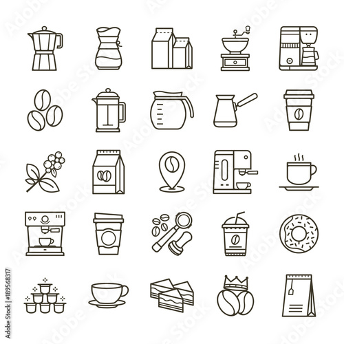 Simple set of Coffee related vector line icons. Collection coffee icons in thin line style. Cafe vector icons. Vector illustration