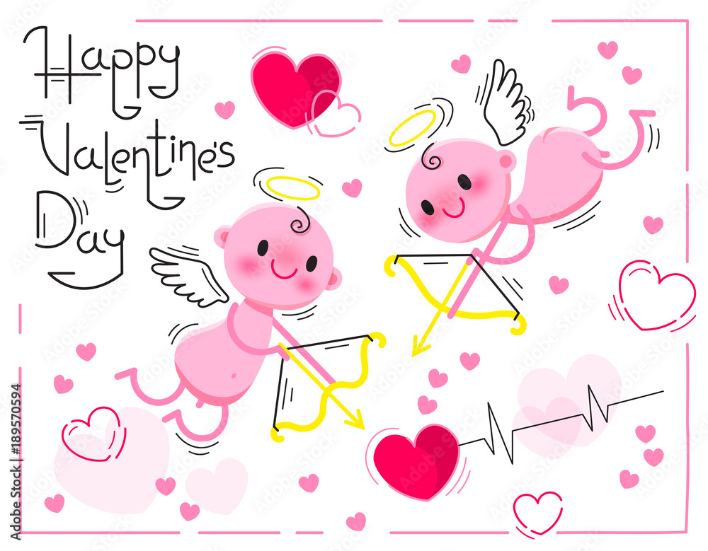 Valentines Day card with cute cupids and hearts on a white background. Vector illustration.