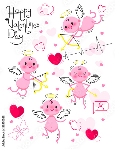 PrintSet Wedding and Valentines Day design elements. Little cute cupids isolated on white background. Vector illustration.