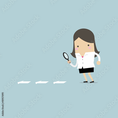 Businesswoman searching through a magnifying glass. Searching, details, clue concept. Flat cartoon style.