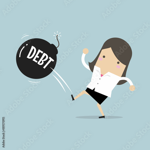 Businesswoman kicking debt bomb ball away like as soccer ball, success tax business.