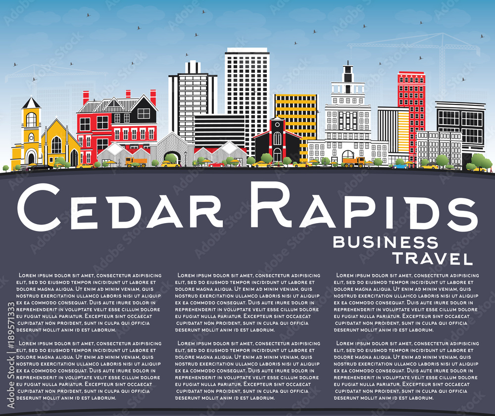 Cedar Rapids Iowa City Skyline with Color Buildings, Blue Sky and Copy Space.