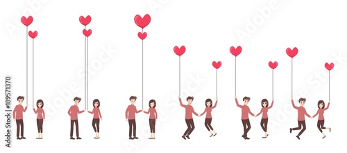 Set of characters cartoon cute couple of lover for love valentine's day birthday greeting invitation card, holidays flat decorative elements with young women man, romance, heart balloons of, vector.
