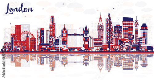 Abstract London England City Skyline with Color Buildings and Reflections.