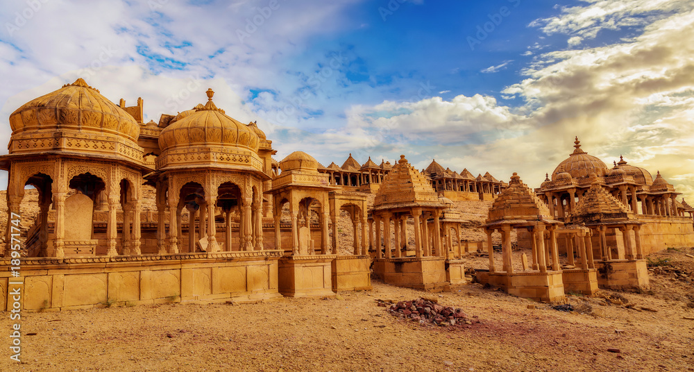 Ancient royal cenotaphs and archaeological ruins at Jaisalmer Bada Bagh Rajasthan, India.	