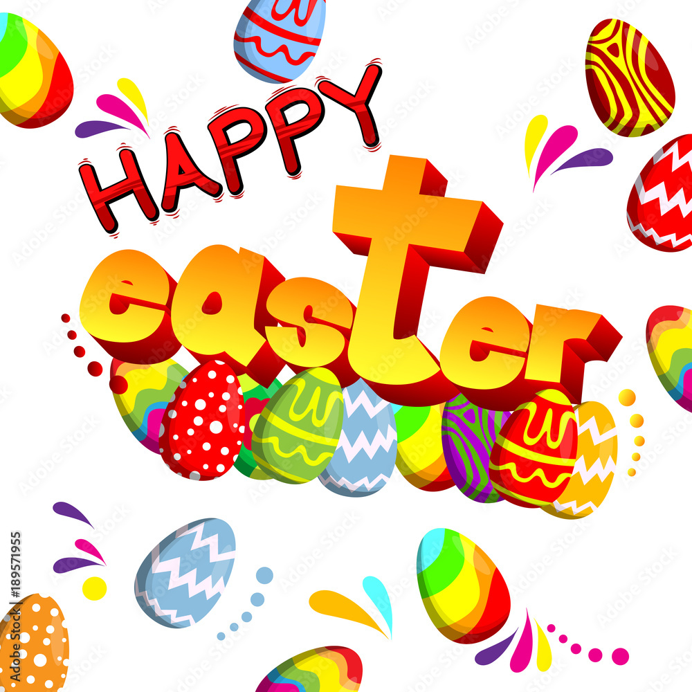 Happy Easter text and Easter eggs. Vector cartoon character illustration.