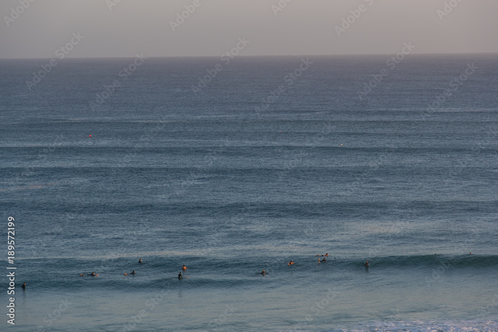 Gold Coast, Queensland/Australia - 18 January 2018: Surfers off Kirra on the Southern Gold Coast, Australia, as viewed from Kirra Hill.