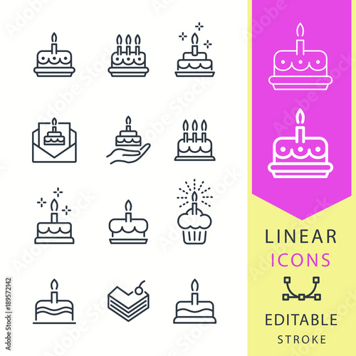 Cake - line vector icon set. Editable stroke.