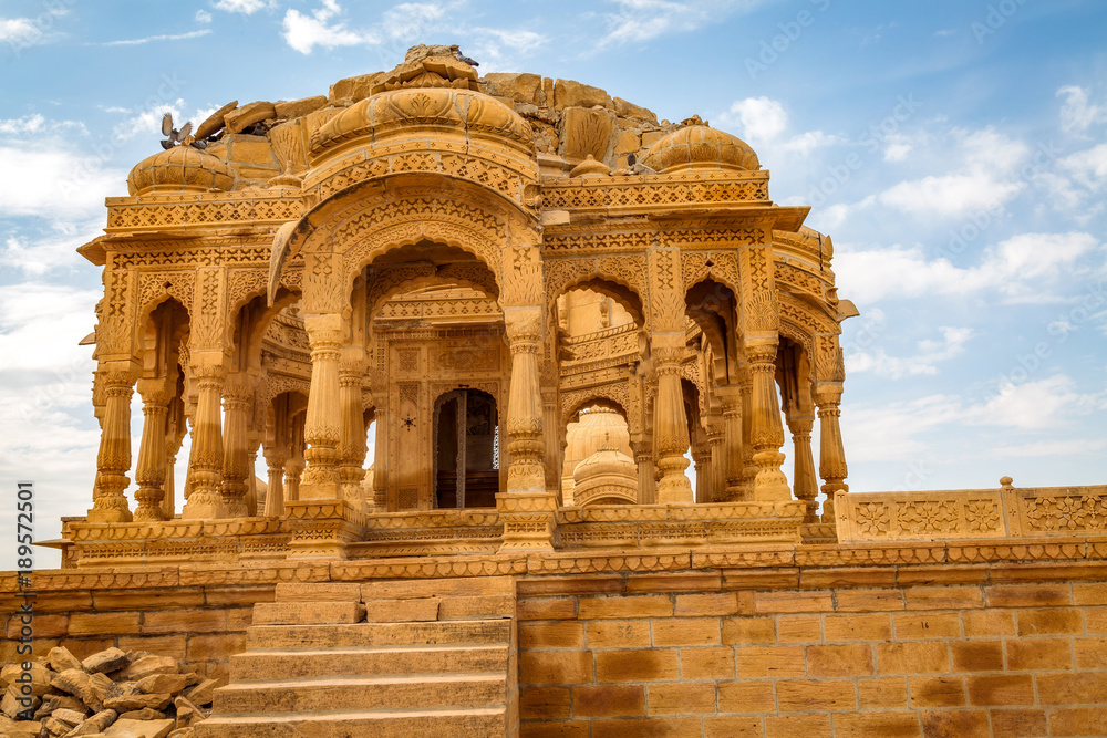 Historic royal cenotaphs and archaeological ruins at Jaisalmer Bada Bagh Rajasthan, India.	