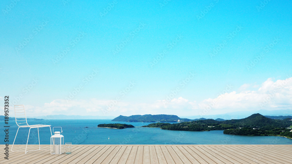 Fototapeta premium White chair on terrace with sea view in hotel or condominium - living area on island view and sea view - Simple design artwork for vacation time - 3D Rendering