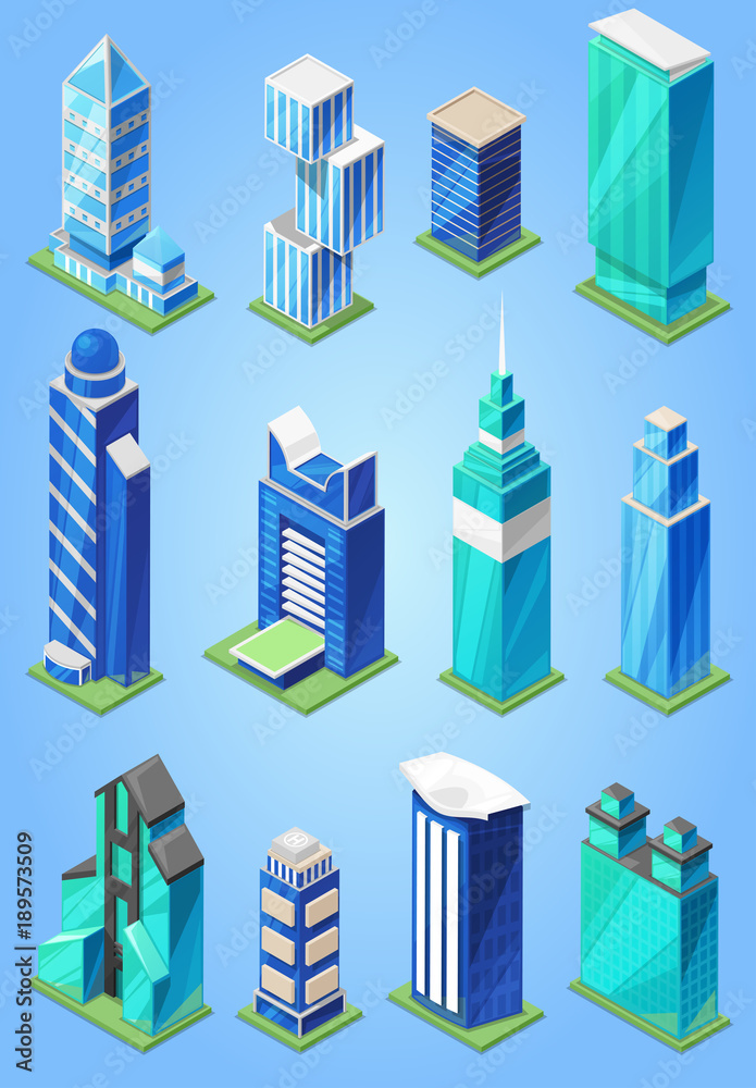 Obraz premium Building skyscraper in cityscape vector city skyline and business officebuilding of commercial company and build architecture to high sky set illustration isolated on background