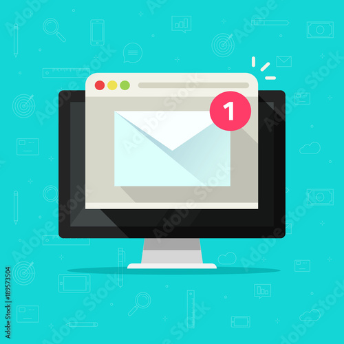 New email or mail notice on computer vector, flat cartoon of desktop pc, e-mail envelope notification received and browser, newsletter message, electronic digital letter on screen isolated icon