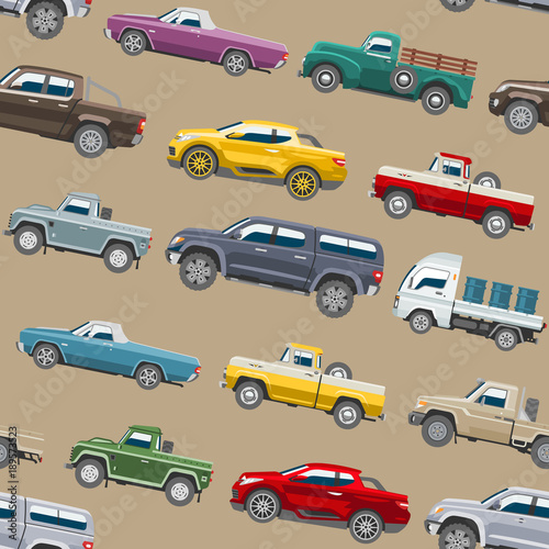 Pickup car vector seamless pattern auto delivery transport pick up offroad automobile vehicle or truck and mockup citycar background illustration backdrop