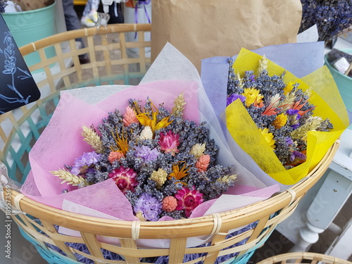 Bouquets of dried flowers on the market