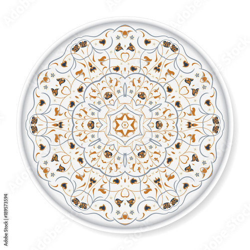 Decorative plate with colored arabic ornament. Home decor background, Interior decoration, kitchen plate. top view. White background.