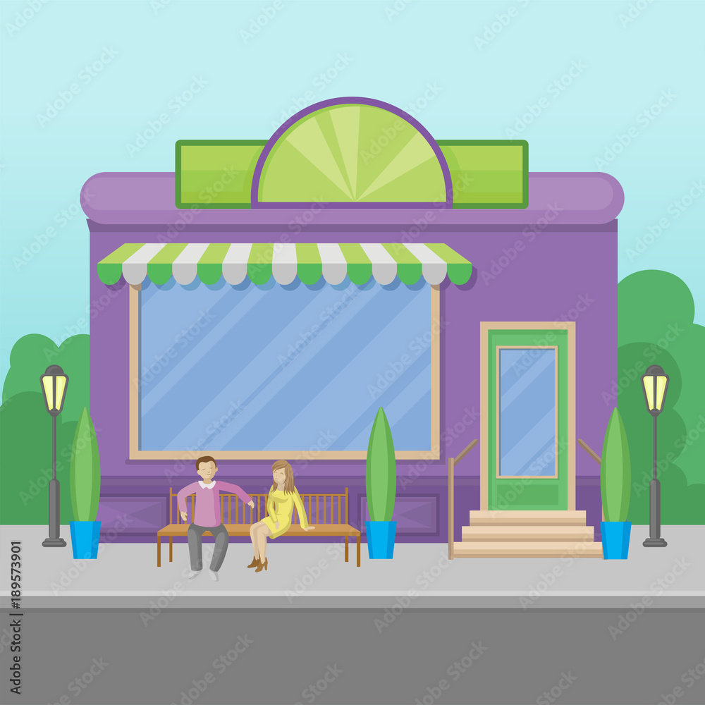 Store facade, front view of city building, summer landscape, summer city landscape cartoon vector Illustration Store facade, front view of city building, summer landscape, summer city landscape cartoon vector Illustration