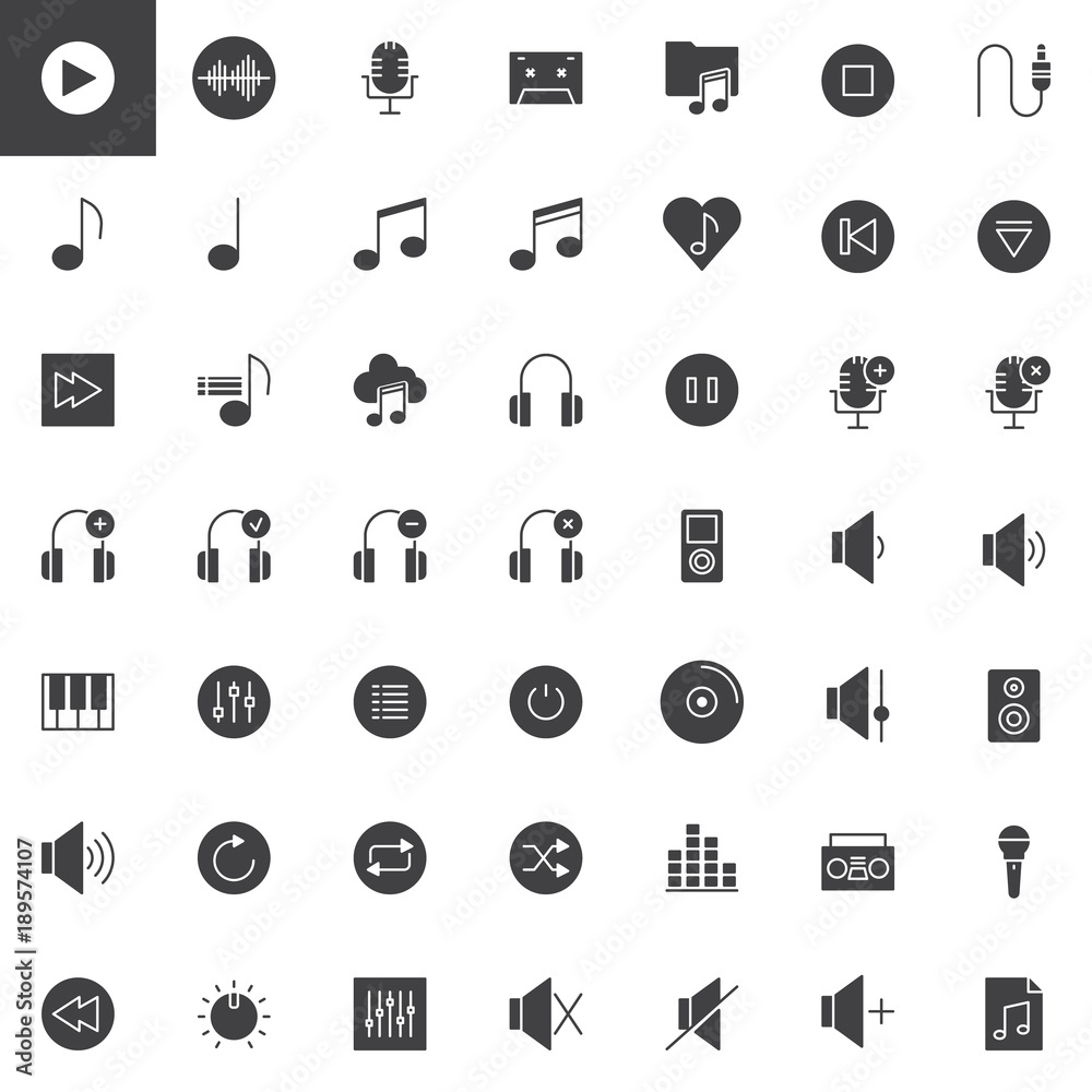 Music and video player vector icons set, modern solid symbol collection, filled style pictogram pack. Multimedia signs, logo illustration. Set includes icons as speaker, microphone, headphones, menu Music and video player vector icons set, modern solid symbol collection, filled style pictogram pack. Multimedia signs, logo illustration. Set includes icons as speaker, microphone, headphones, menu
