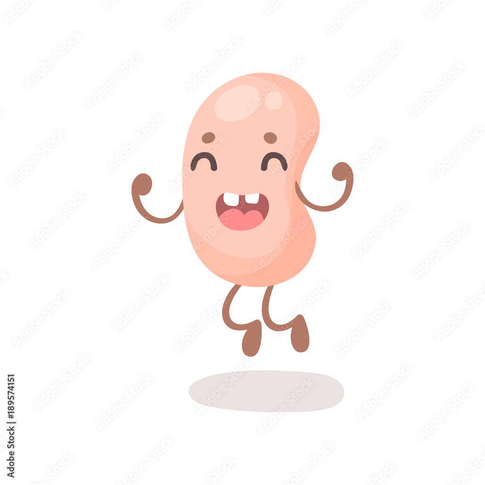 Funny happy soy bean character jumping, cute soybean with human face cartoon vector Illustration Funny happy soy bean character jumping, cute soybean with human face cartoon vector Illustration