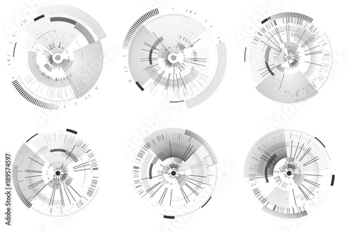 Set of futuristic interface elements. Technology circles. Digital futuristic user interfaces. HUD. Sci fi futuristic templates isolated on white background. Abstract vector illustration.