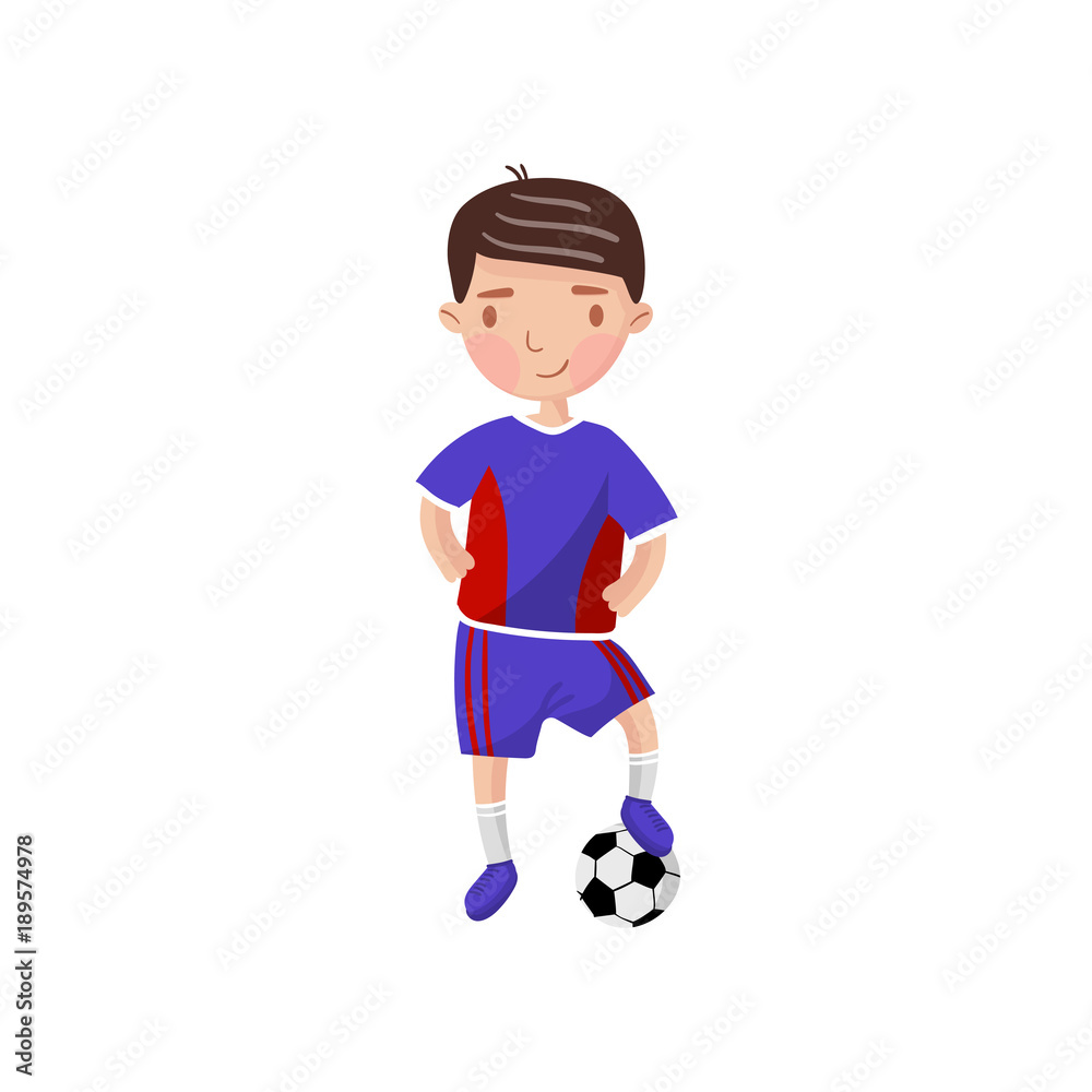 Little boy playing soccer, kids physical activity cartoon vector Illustration