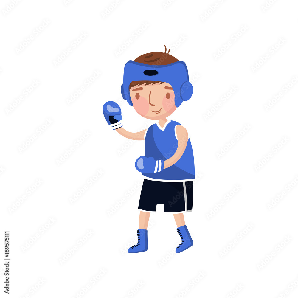 Little boy boxer in blue uniform and boxing gloves, kids physical activity cartoon vector Illustration