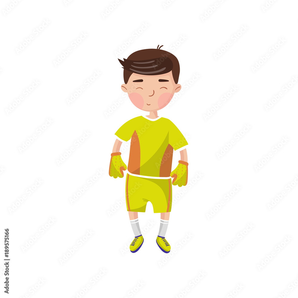 Little boy in sport uniform, football player, kids physical activity cartoon vector Illustration