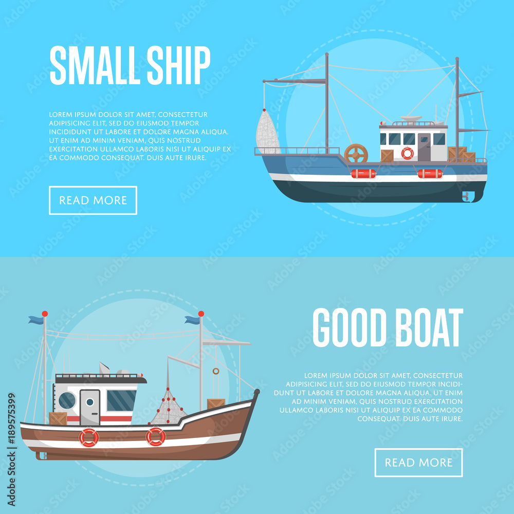Fishing business flyers with small boats. Commercial marine flotilla of ships, sea or ocean nautical transportation. Fishing trawlers for traditional seafood production vector illustration.