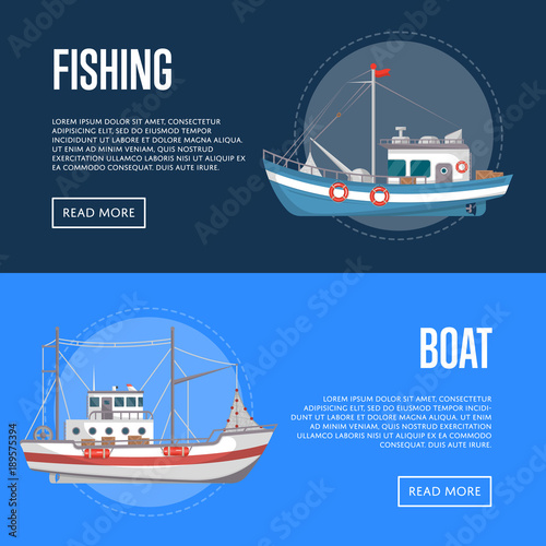 Fishing company flyers with commercial small boats. Fishing trawlers for traditional seafood production vector illustration. Vintage marine flotilla of ships, sea or ocean nautical transportation.