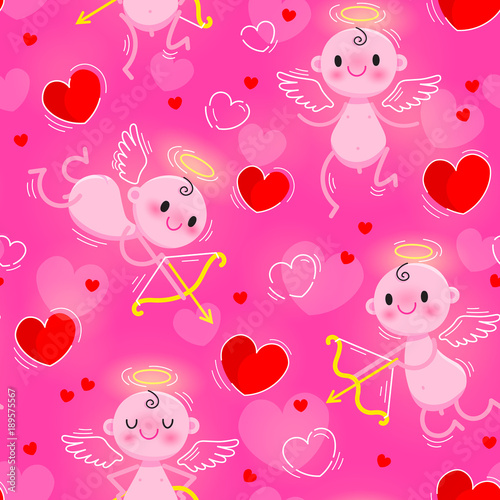 Fototapeta Naklejka Na Ścianę i Meble -  Wedding and Valentines Day day seamless texture with lovely cupids and hearts. Vector illustration