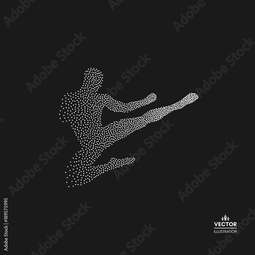 Kickbox fighter preparing to execute a high kick. Silhouette of a fighting man. Dotted silhouette of person. Vector illustration.