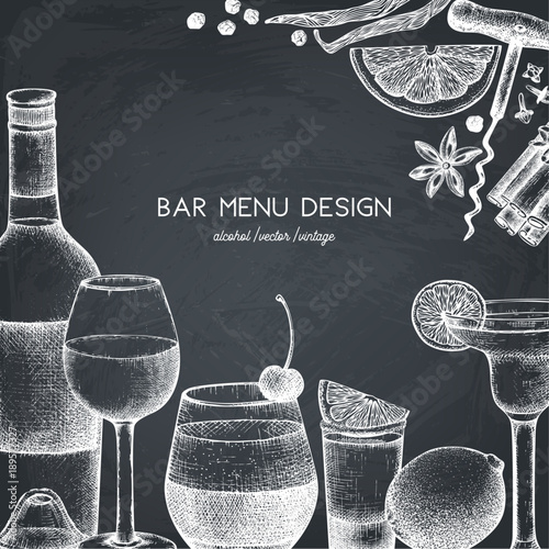 Vector design with hand drawn drinks illustration. Vintage beverages sketch background. Retro template isolated on chalkboard. Restaurant or cafe menu template.