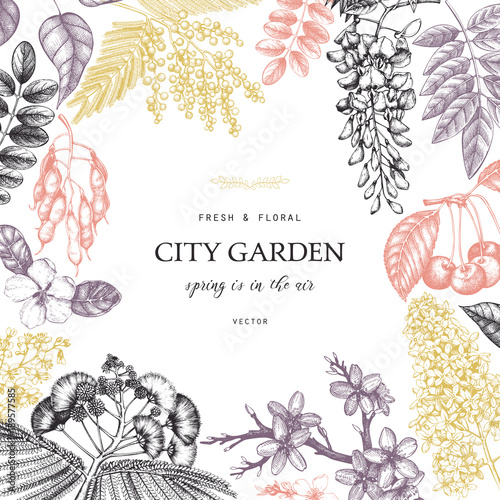 Vector card design with hand drawn blossoming trees illustration. Spring flowers sketch collection.Wedding invitation template in pastel colors.